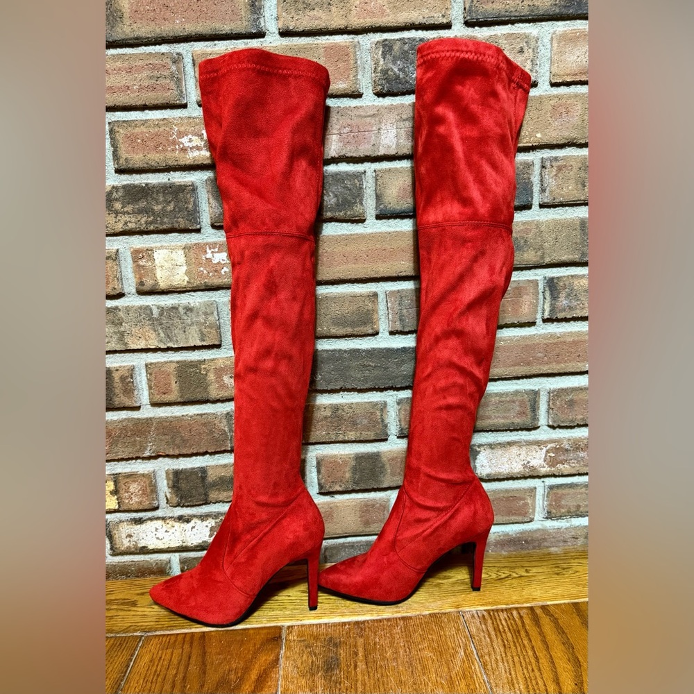 Red Over The Knee Stretch Suede Boots Pointed Toe Stiletto Heel 4” NWOT-Size 8